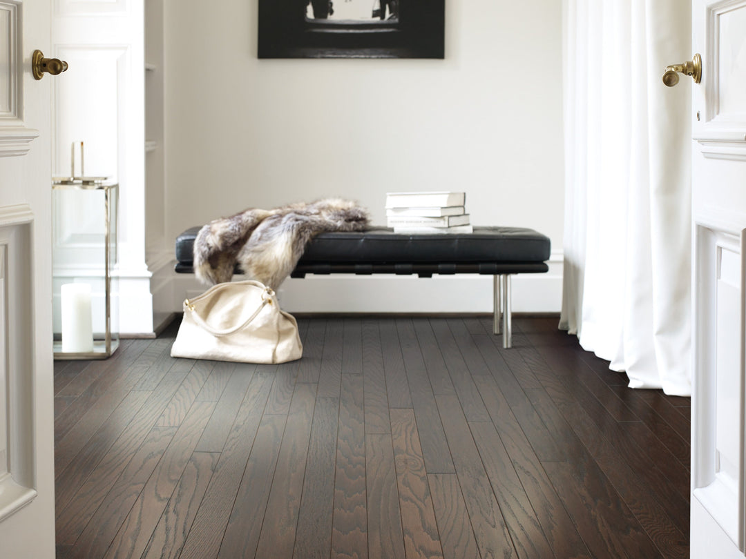 Modern living room with dark hardwood floors