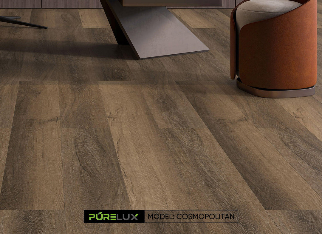 A bright and inviting room showcasing the rich, brown tones of Purelux vinyl plank flooring.