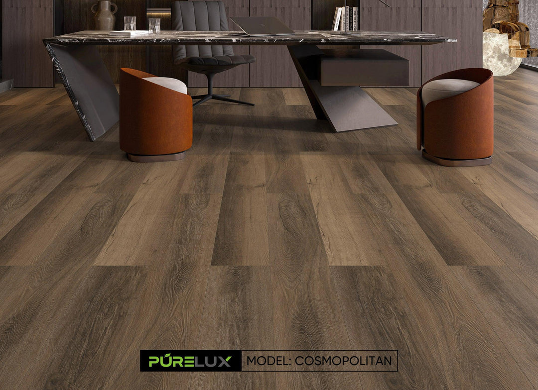 A bright and inviting room showcasing the rich, brown tones of Purelux vinyl plank flooring.