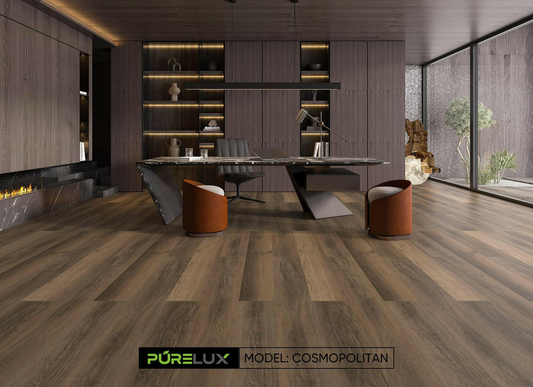 A bright and inviting room showcasing the rich, brown tones of Purelux vinyl plank flooring.