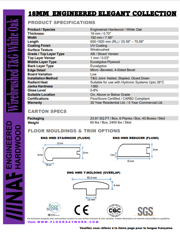 Specifications for NAF 7.5''x 18mm Elegant ENGINEERED OAK flooring