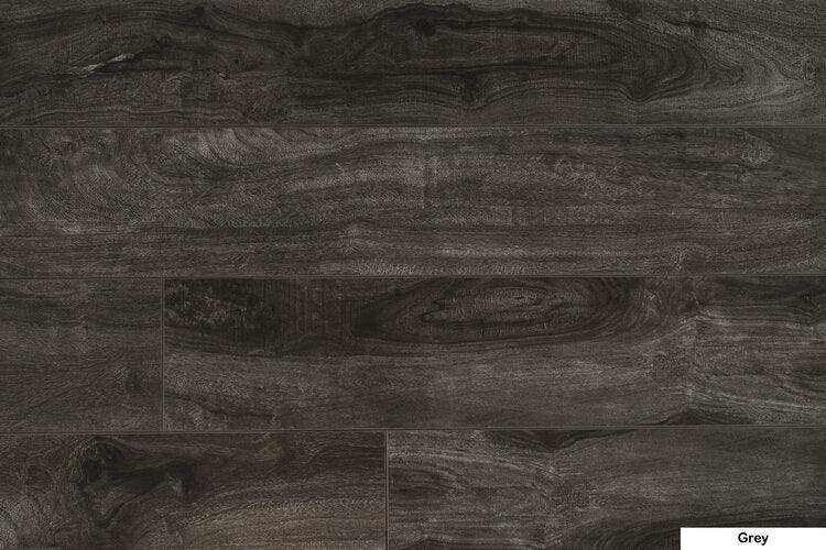 Close-up showing the texture and color of Grey NAF 12mm laminate flooring.