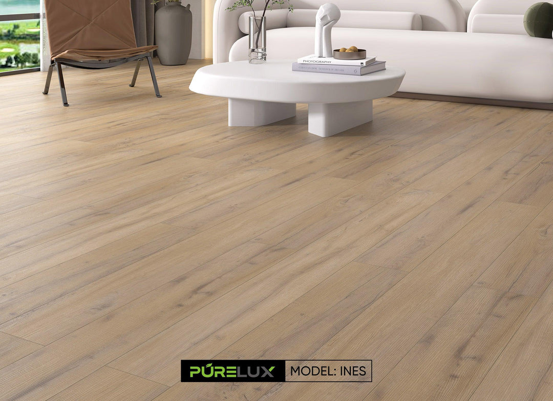 A bright and inviting room showcasing the rich, brown gray tones of Purelux vinyl plank flooring.