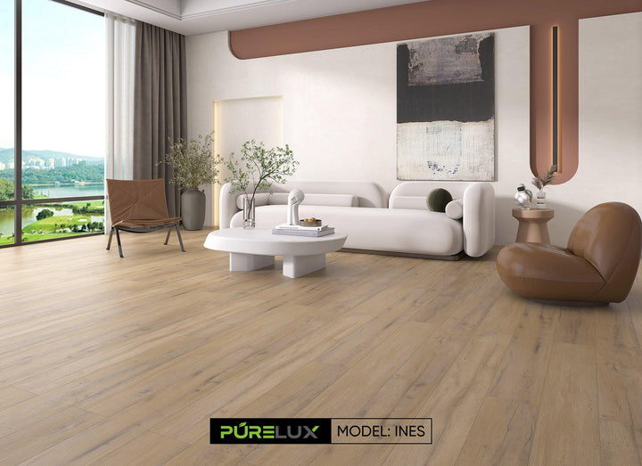 A bright and inviting room showcasing the rich, brown gray tones of Purelux vinyl plank flooring.