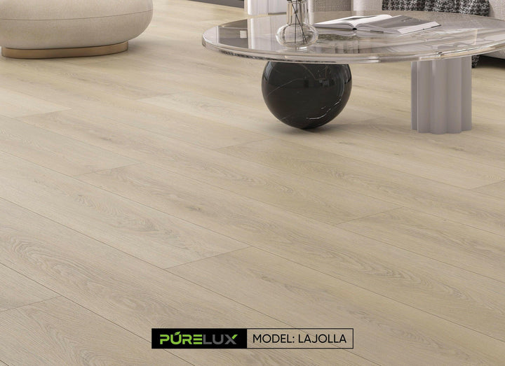 A bright and inviting room showcasing the rich, light brown tones of Purelux vinyl plank flooring.