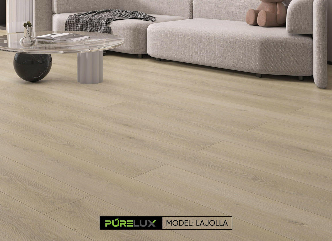 A bright and inviting room showcasing the rich, light brown tones of Purelux vinyl plank flooring.