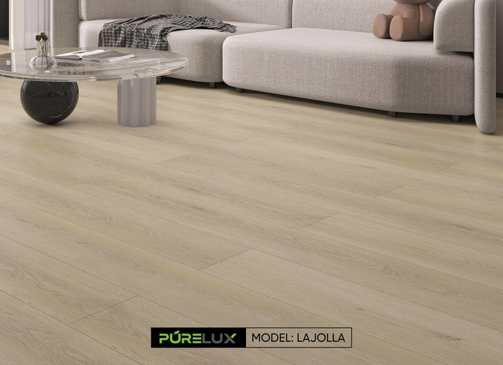 A bright and inviting room showcasing the rich, light brown tones of Purelux vinyl plank flooring.