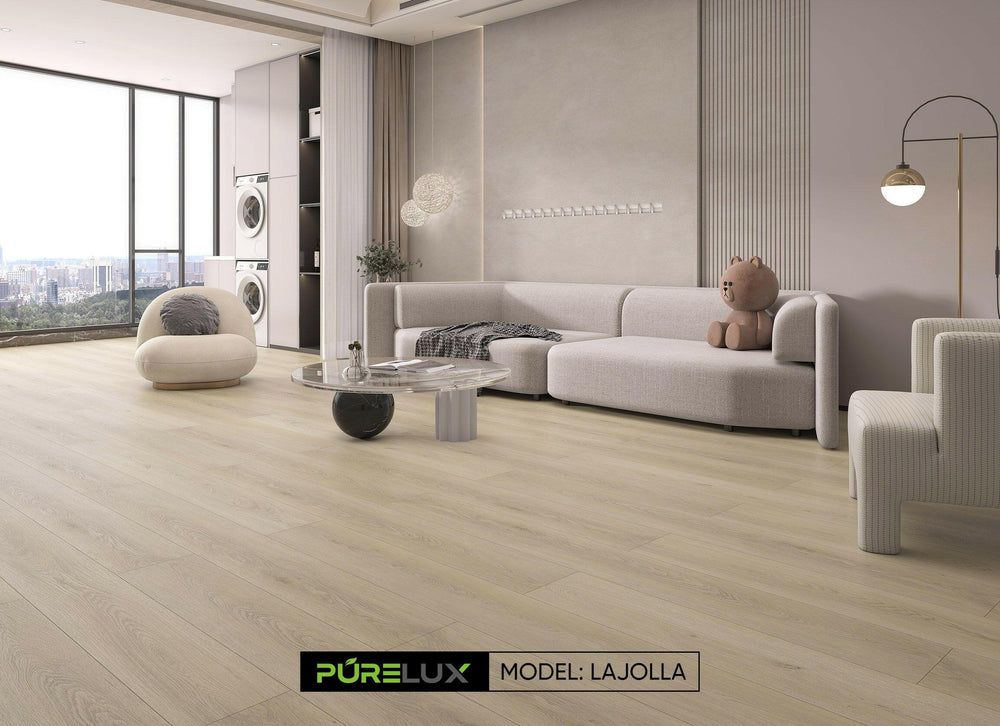 A bright and inviting room showcasing the rich, light brown tones of Purelux vinyl plank flooring.