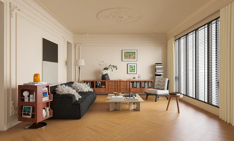 Beautiful room with Nice oak engineered hardwood herringbone