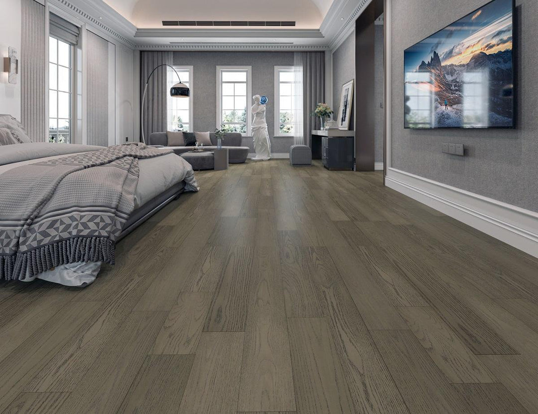 Beautiful room with Stone Grey oak engineered hardwood installed.