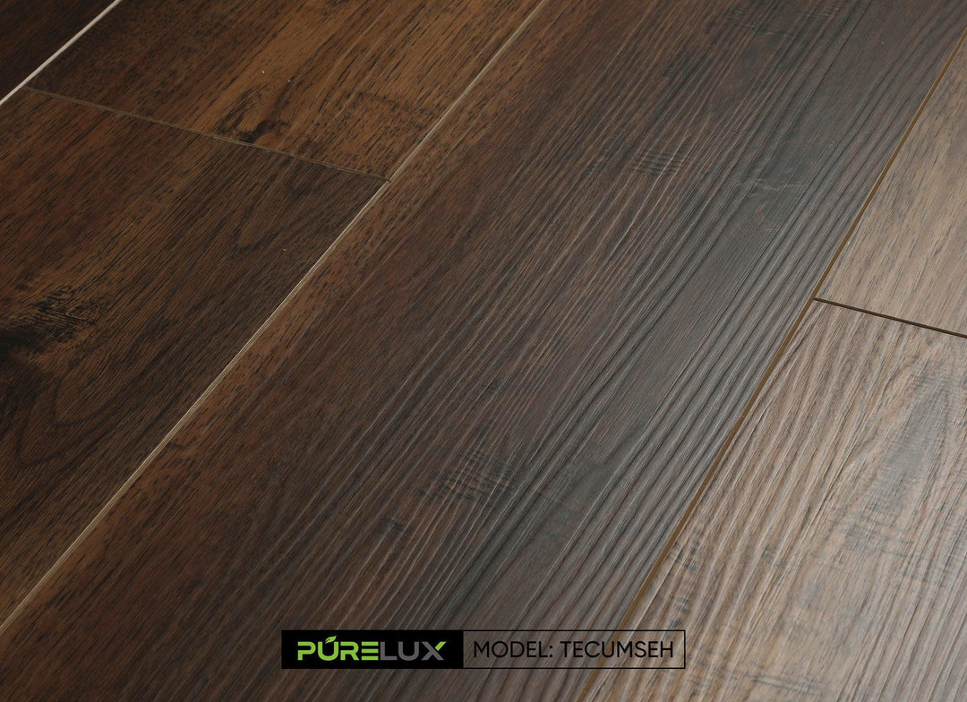 A bright and inviting living room showcasing the rich, brown tones of Purelux vinyl plank flooring.