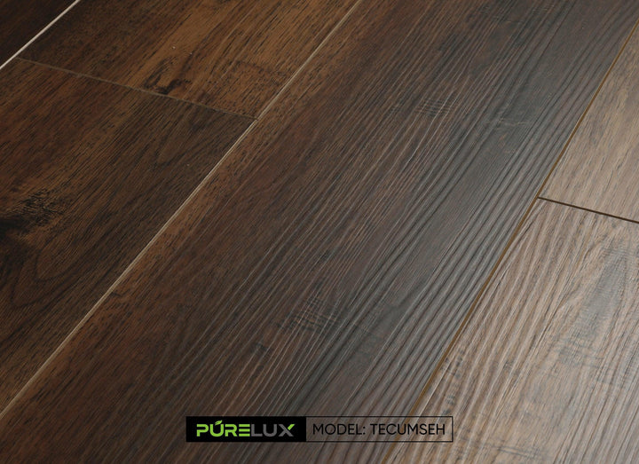 A bright and inviting living room showcasing the rich, brown tones of Purelux vinyl plank flooring.