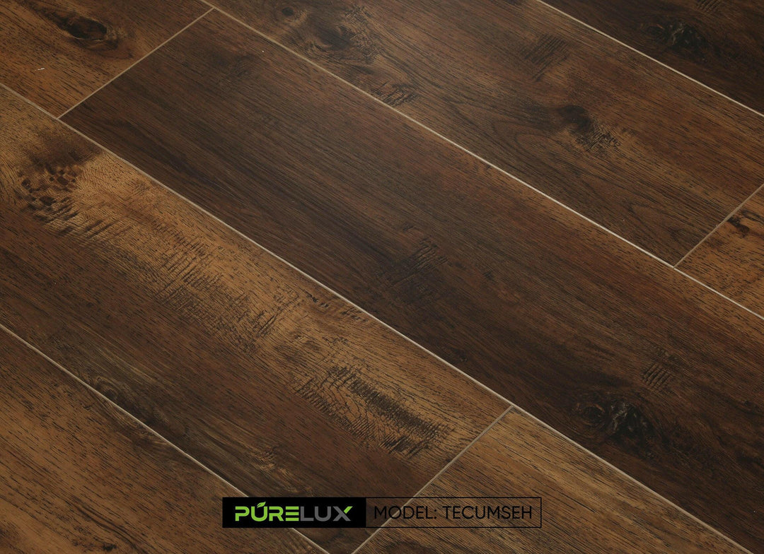 A bright and inviting living room showcasing the rich, brown tones of Purelux vinyl plank flooring.