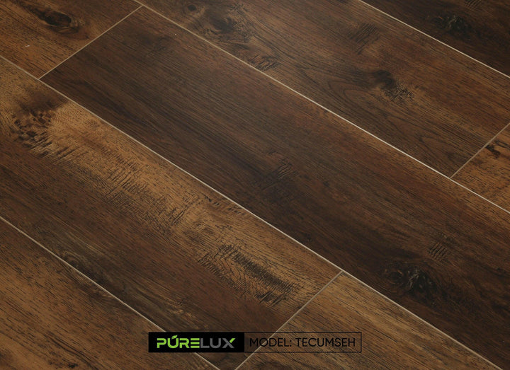 A bright and inviting living room showcasing the rich, brown tones of Purelux vinyl plank flooring.