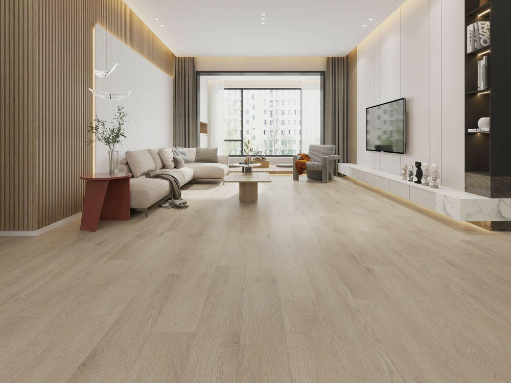 A bright and inviting room showcasing the rich, light brown tones of Purelux laminate flooring.