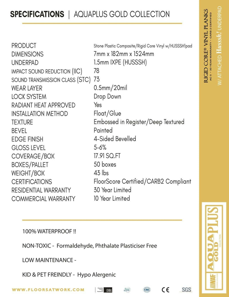 Specifications for Aquaplus Gold Collection 7mm SPC Vinyl Flooring with attached pad