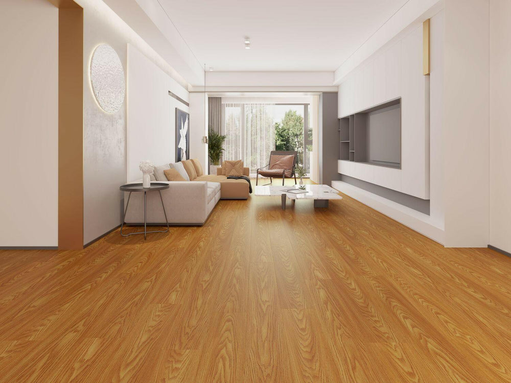 A bright and inviting room showcasing the rich, brown tones of Purelux laminate flooring.