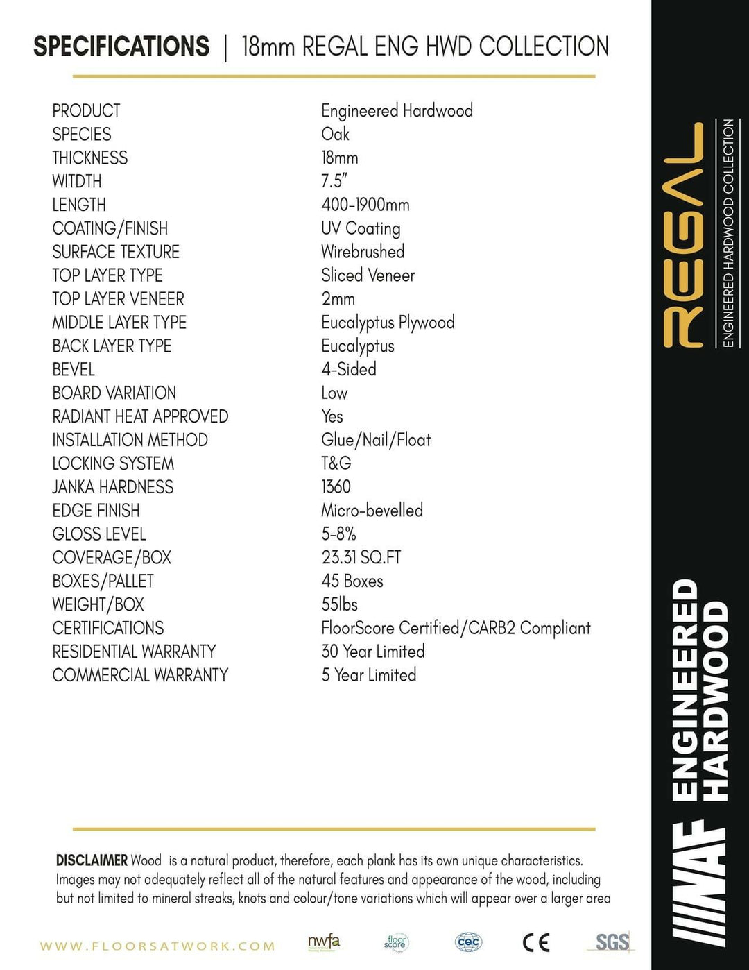 Specifications of NAF 7.5''x 18mm REGAL Collection Oak ENGINEERED flooring