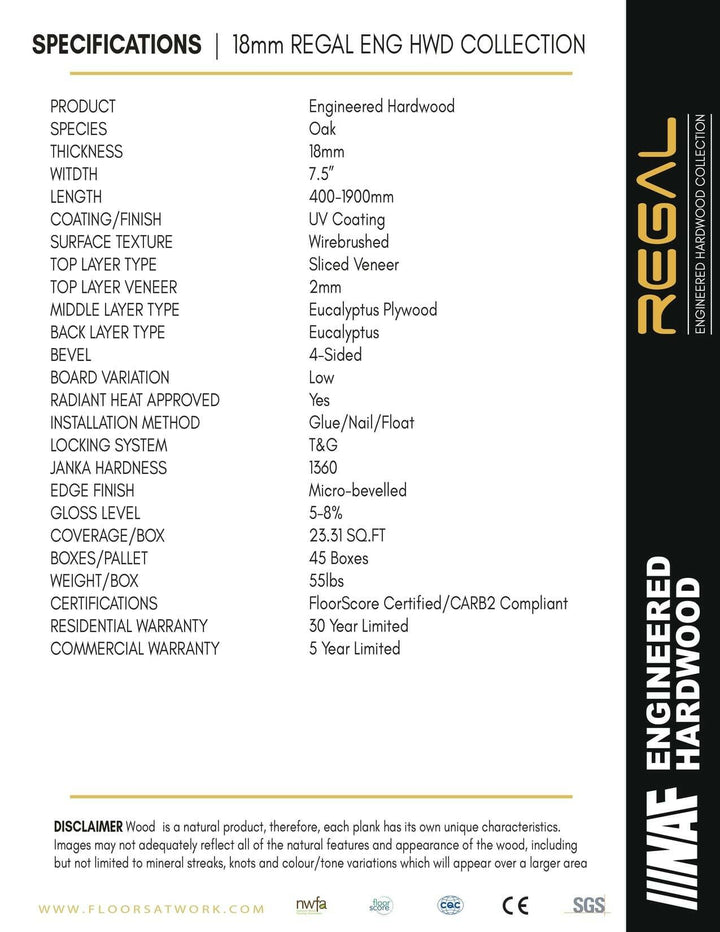 Specifications of NAF 7.5''x 18mm REGAL Collection Oak ENGINEERED flooring