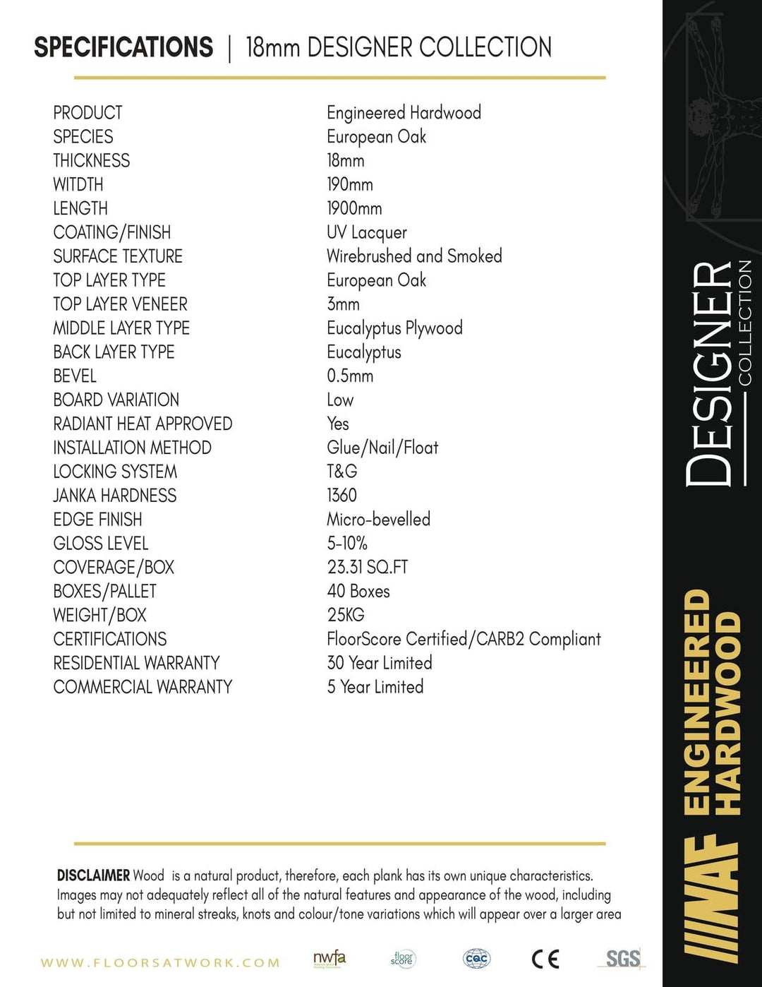 Specifications of NAF 7.5''x 18mm Designer Collection oak engineered hardwood flooring