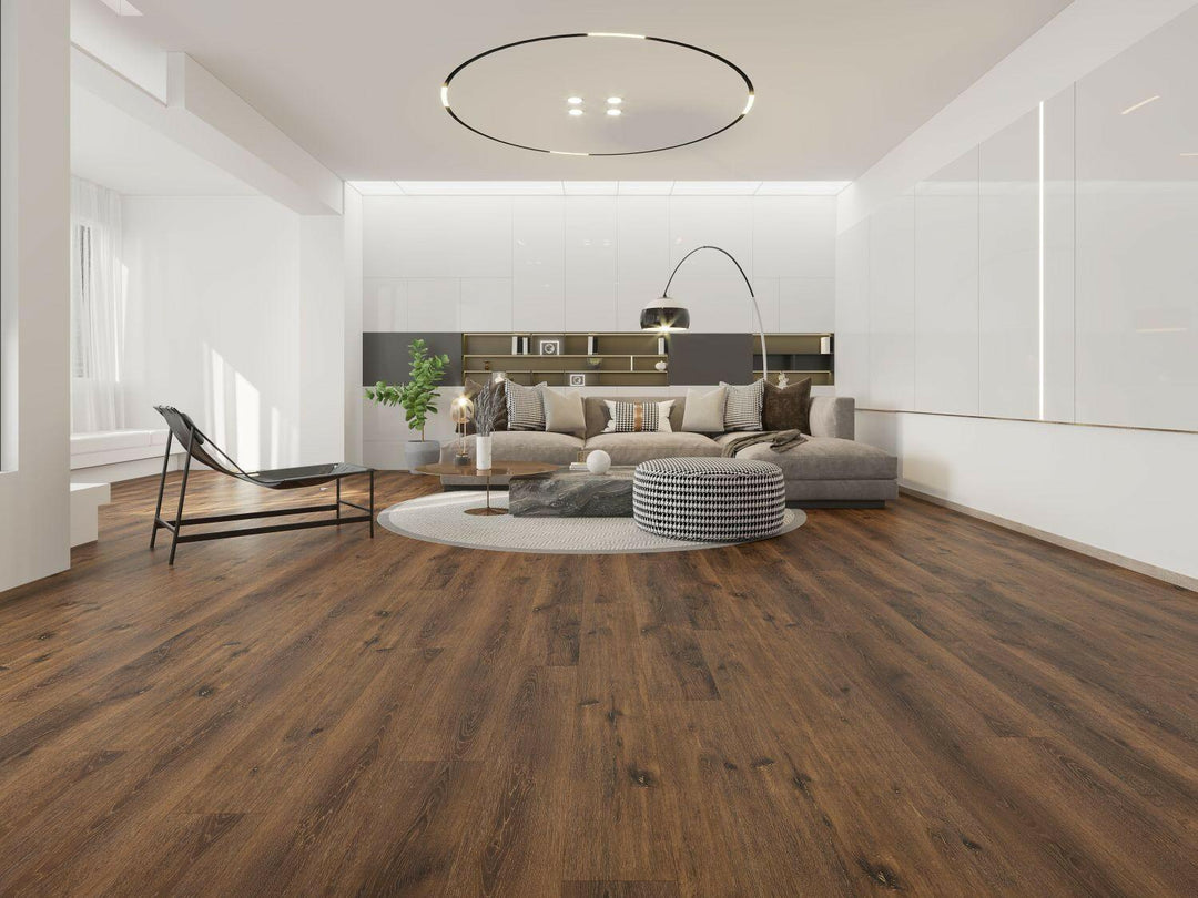 A bright and inviting room showcasing the rich, brown tones of Purelux laminate flooring.