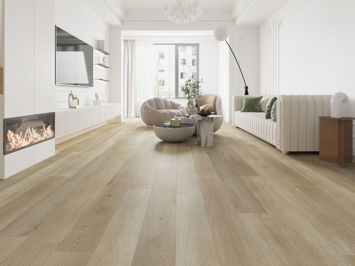 A bright and inviting living room showcasing the rich, tan tones of Purelux vinyl plank flooring.