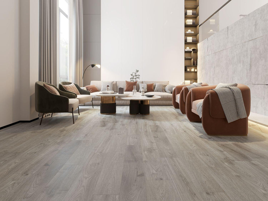 A bright and inviting room showcasing the rich, brown tones of Purelux laminate flooring.