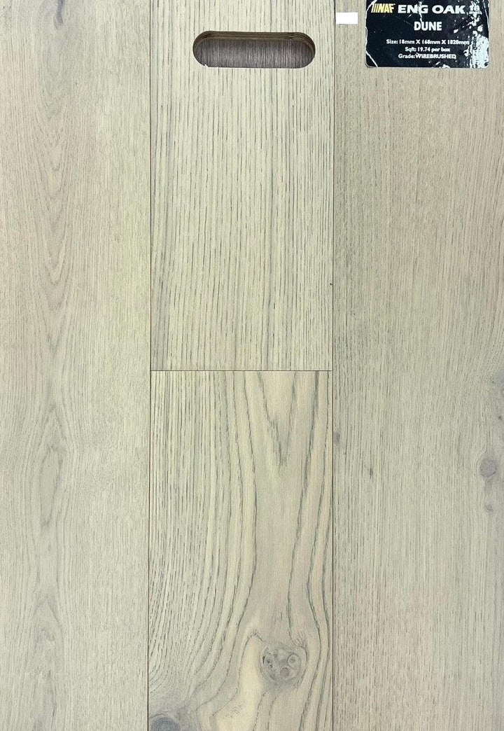 Close-up showing the texture and color of Dune NAF oak engineered hardwood flooring.