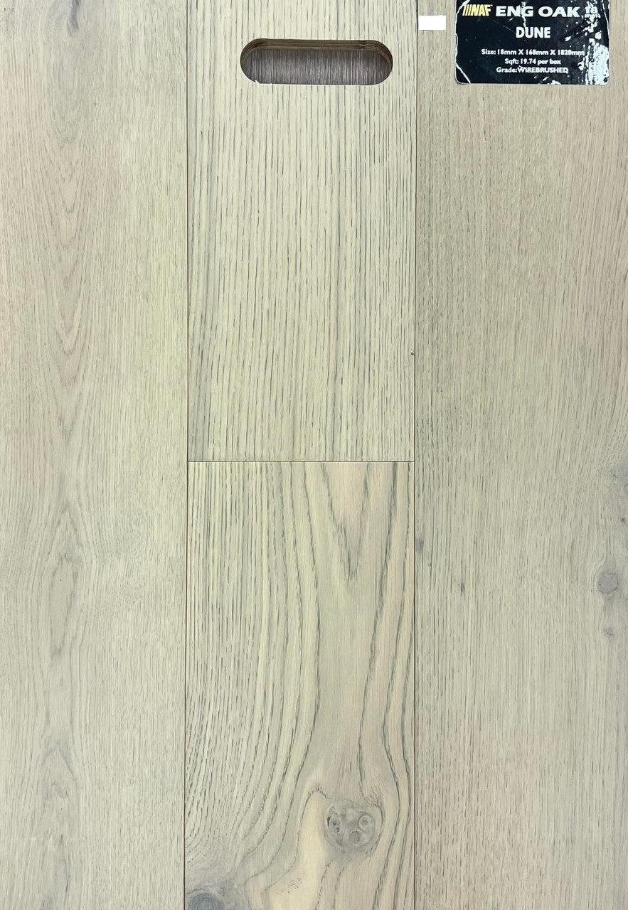 Close-up showing the texture and color of Dune NAF oak engineered hardwood flooring.