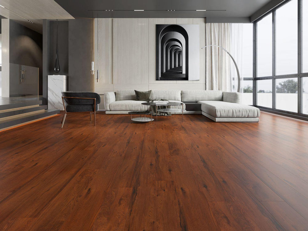 A bright and inviting room showcasing the rich, brown tones of Purelux laminate flooring.