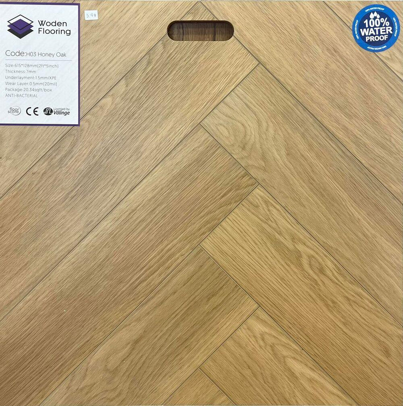 H03 Honey Oak - Woden Flooring SPC Vinyl 7mm Herringbone Collection - advancedflooring