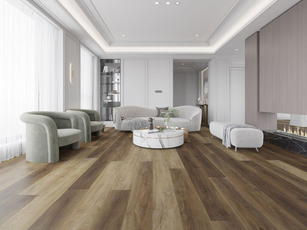 A bright and inviting living room showcasing the rich, brown tones of Purelux vinyl plank flooring.