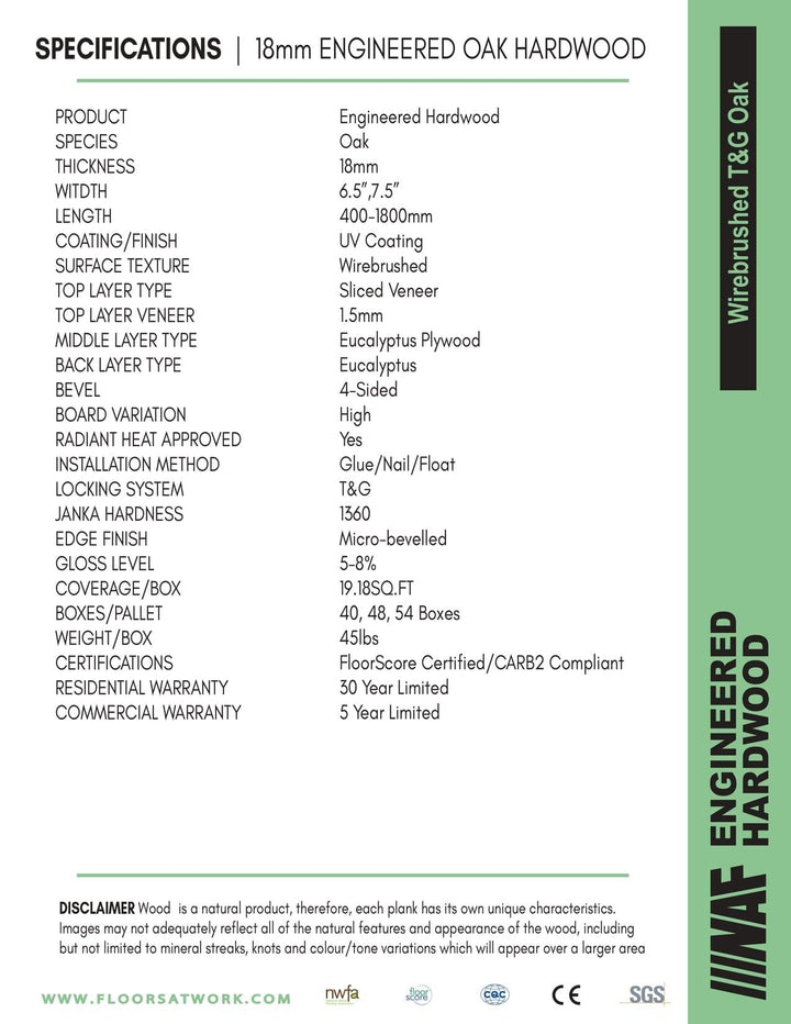 Specifications of NAF 6.5''x18mm oak engineered hardwood flooring