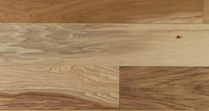 Close-up showing the texture and color of Natural NAF hickory engineered hardwood flooring.