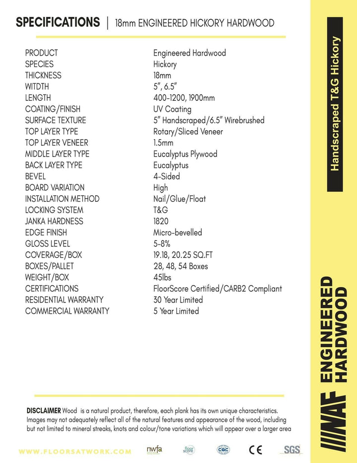 Specifications of NAF 6.5''x18mm hickory engineered hardwood flooring