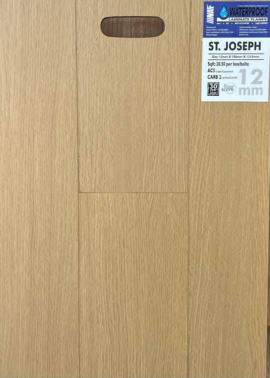 Close-up showing the texture and color of St. Joseph NAF 12mm waterproof laminate flooring.