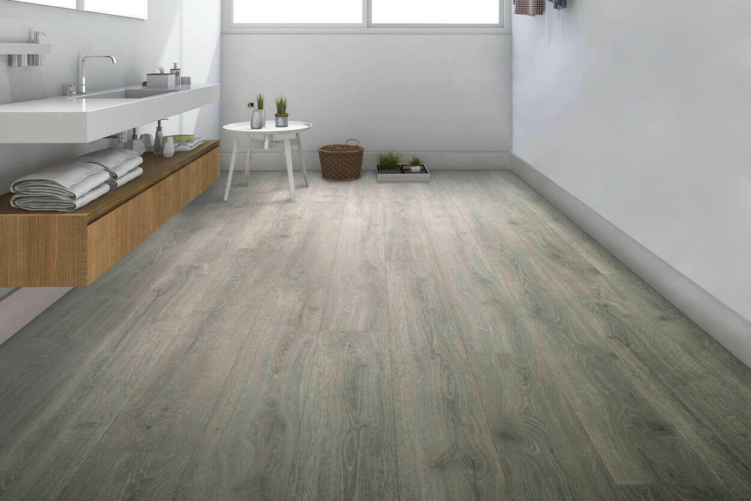 modern bathroom with Stone Hearth Oak Mohawk RevWood Plus Antique Craft waterproof laminate flooring  installed