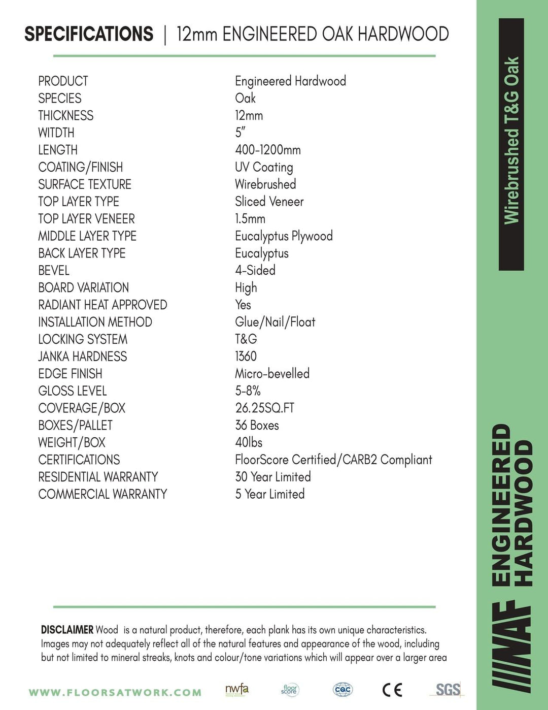 Specifications of NAF 5''x12mm oak engineered hardwood flooring