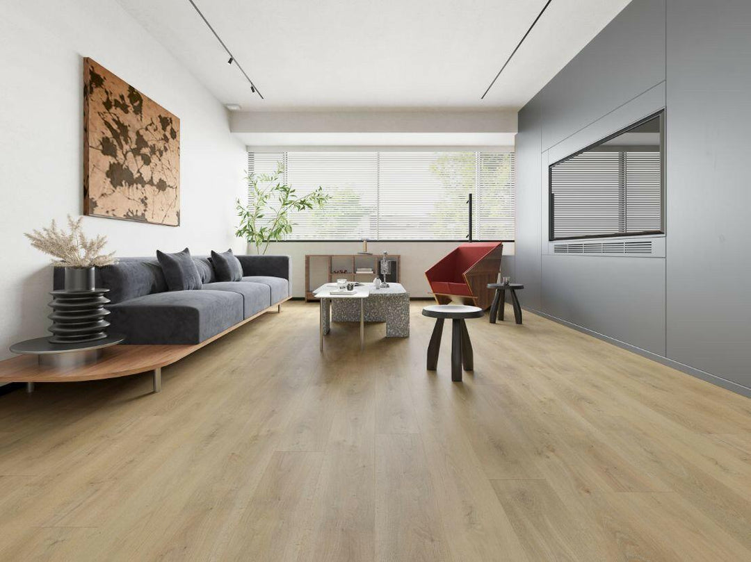 A bright and inviting room showcasing the rich, light brown tones of Purelux vinyl plank flooring.